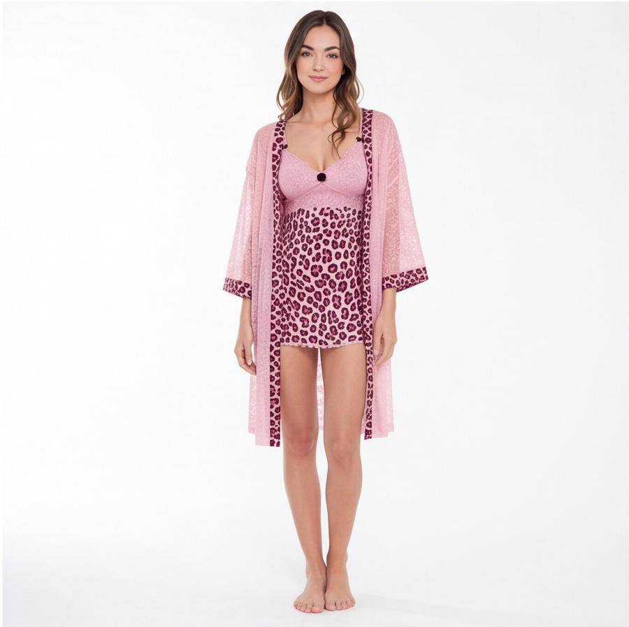 Blush Leopard Lace 3-Piece Nightwear Set | Spandex Modal & French Lace - 1