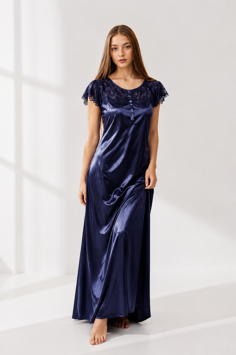 Midnight Blue Satin Lace Maxi Nightdress | Luxury Women's Sleepwear