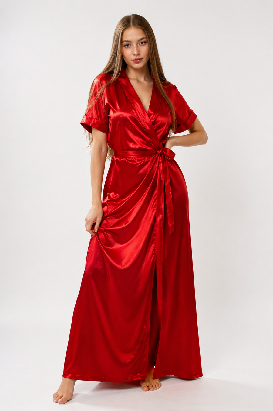 Ruby Red Satin Wrap Maxi Nightdress | Luxury Italian Satin Sleepwear
