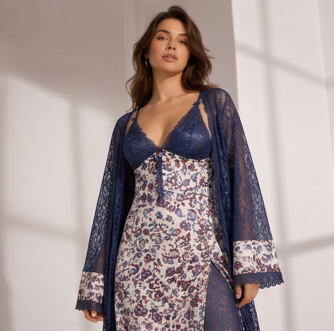 Women's Navy Lace Robe & Floral Maxi Nighty Set