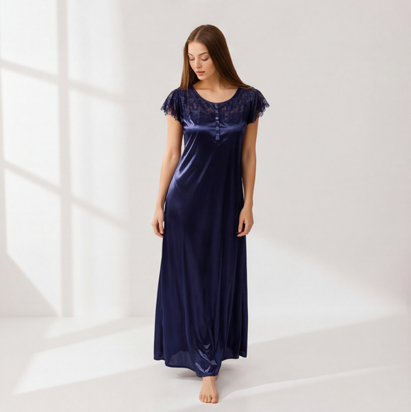 Midnight Blue Satin Lace Maxi Nightdress | Luxury Women's Sleepwear