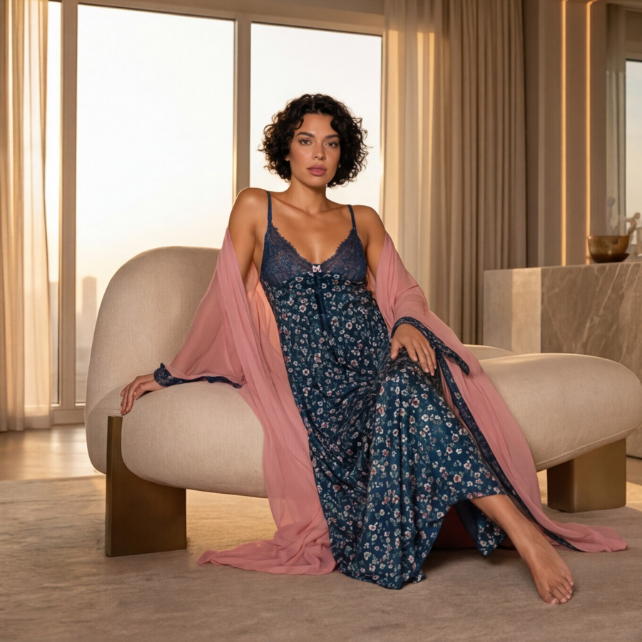 Women's Floral Maxi Nighty & Sheer Robe Set – Blue & Blush Pink