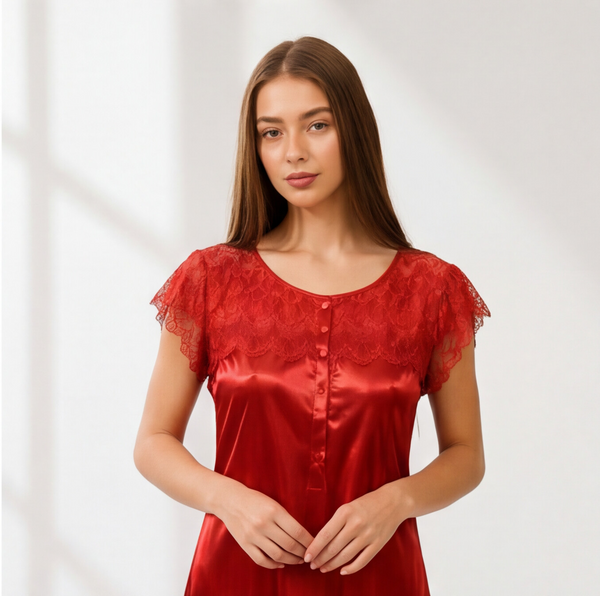 Scarlet Red Satin Lace Maxi Nightdress | Luxury Women's Sleepwear