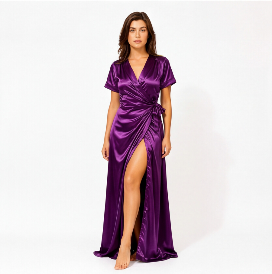 Royal Amethyst Satin Wrap Maxi Nightdress | Luxury Italian Satin Sleepwear
