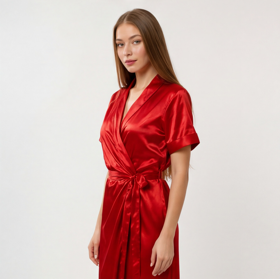 Ruby Red Satin Wrap Maxi Nightdress | Luxury Italian Satin Sleepwear