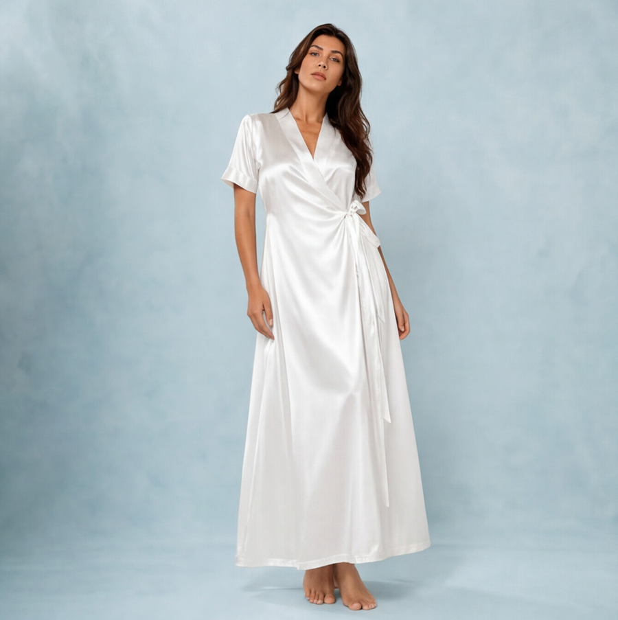Ivory Satin Wrap Maxi Nightdress | Luxury Satin Sleepwear
