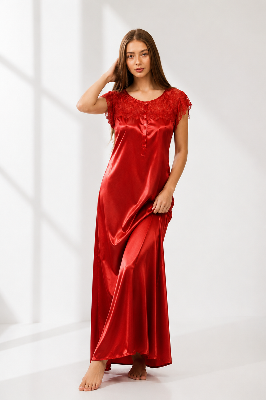 Scarlet Red Satin Lace Maxi Nightdress | Luxury Women's Sleepwear