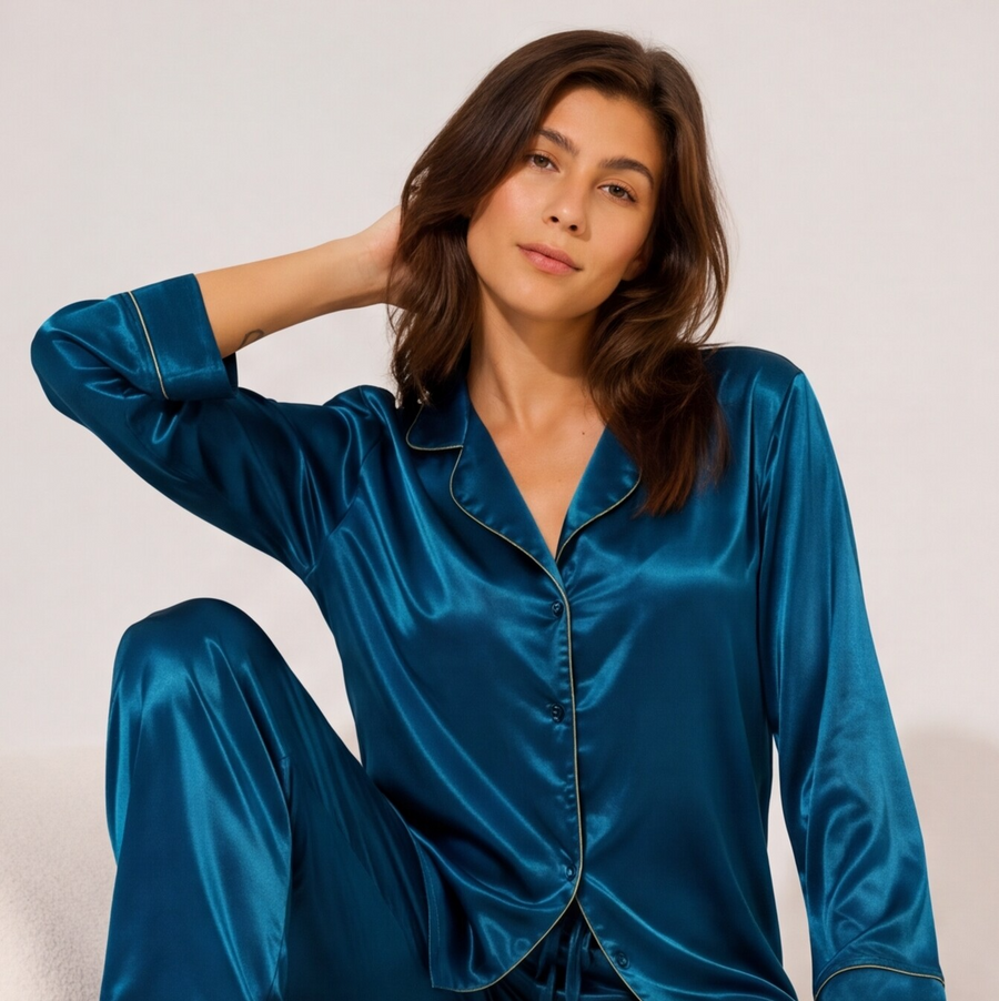 Woman wearing a sapphire blue satin pajama set featuring a long-sleeve button-down shirt with contrast piping and matching full-length satin pants.