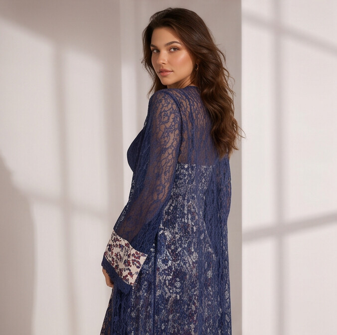 Women's Navy Lace Robe & Floral Maxi Nighty Set