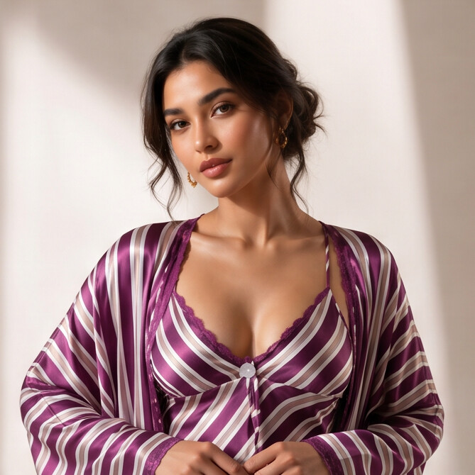 Royal Plum Satin Stripe Nightdress & Robe Set | Luxury Women's Sleepwear