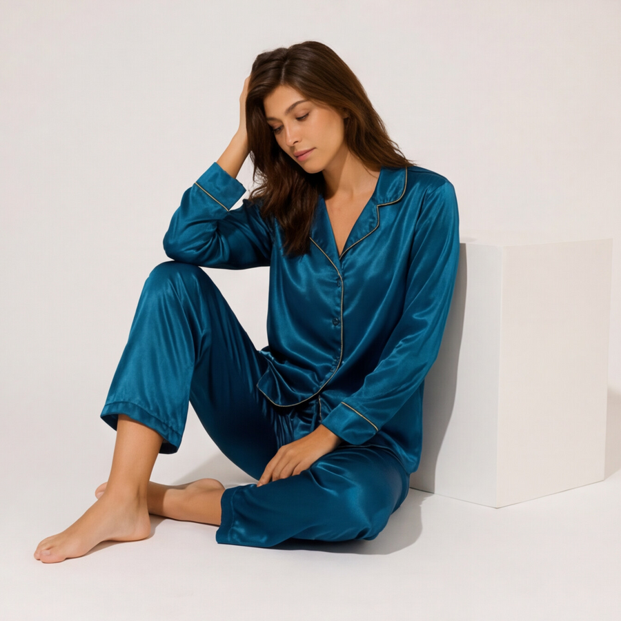 Woman wearing a blue satin pajama set sitting on a white surface.