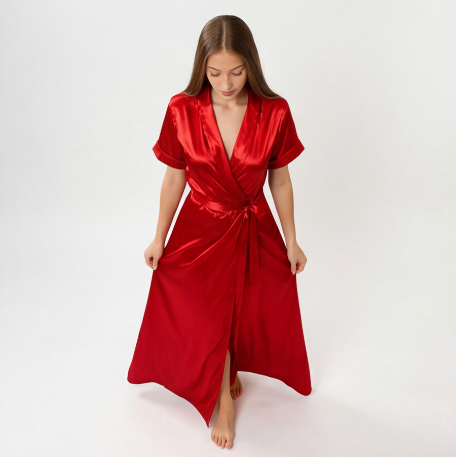 Ruby Red Satin Wrap Maxi Nightdress | Luxury Italian Satin Sleepwear