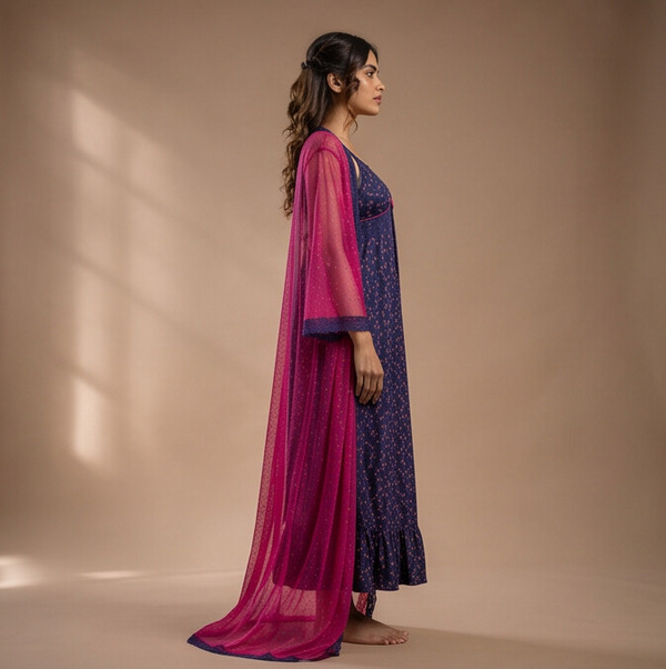 Women's Floral Maxi Nighty with Sheer Robe – Navy Blue & Fuchsia Pink