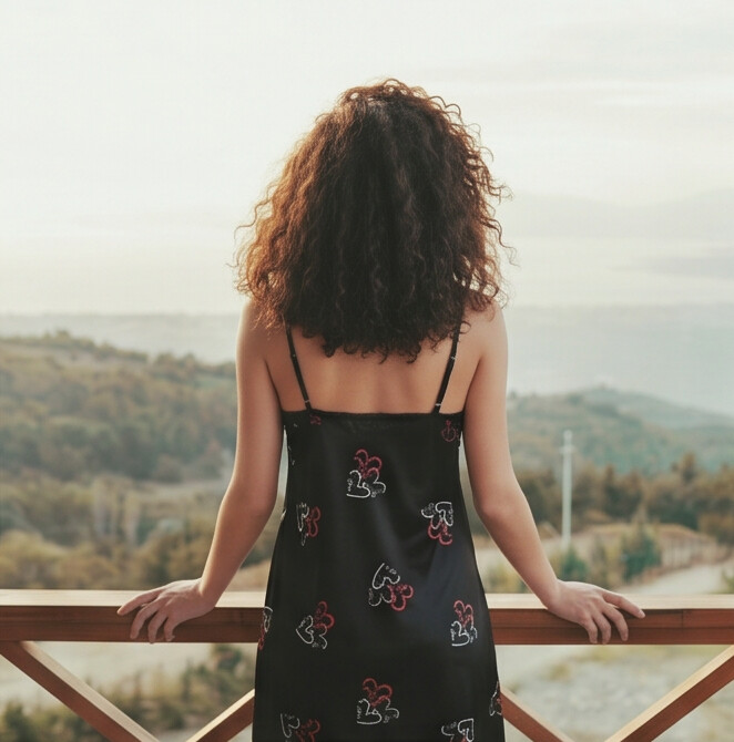 Woman in a black dress with colorful patterns standing on a balcony overlooking a scenic landscape.