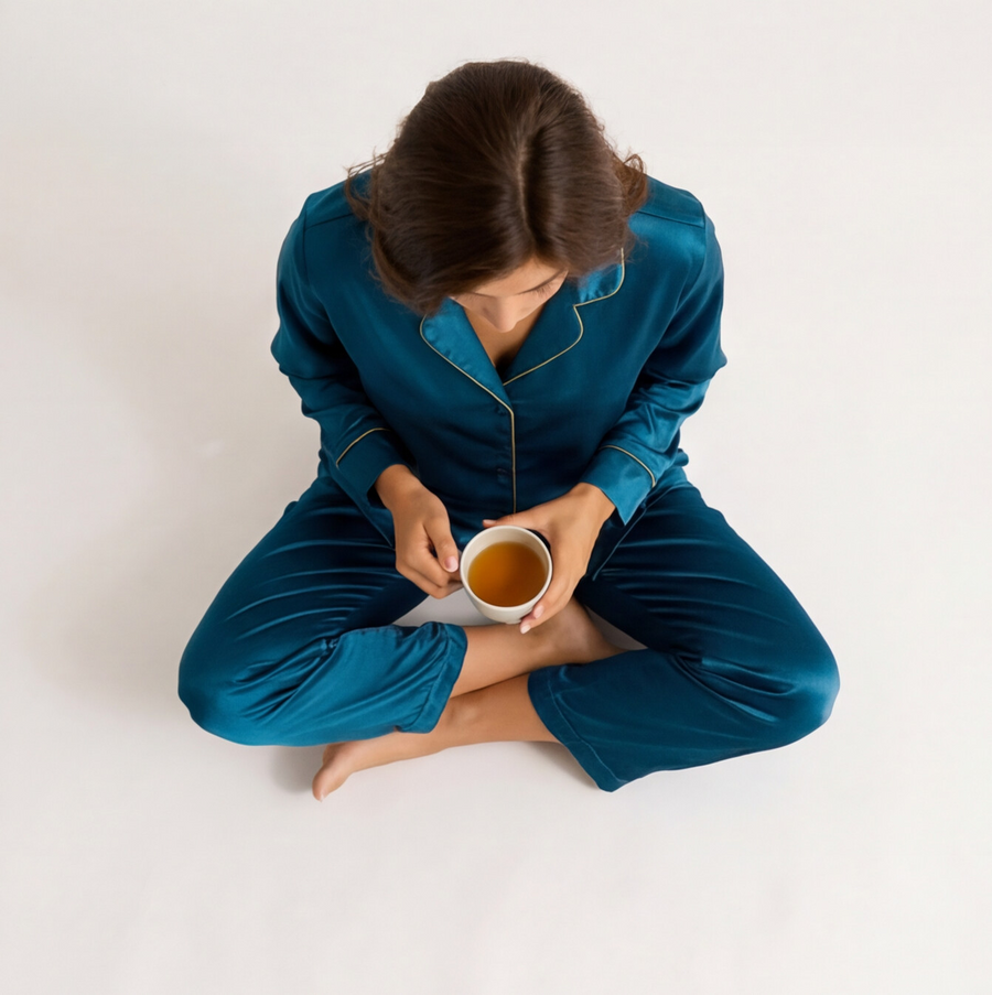 Woman wearing a sapphire blue satin pajama set featuring a long-sleeve button-down shirt with contrast piping and matching full-length satin pants.