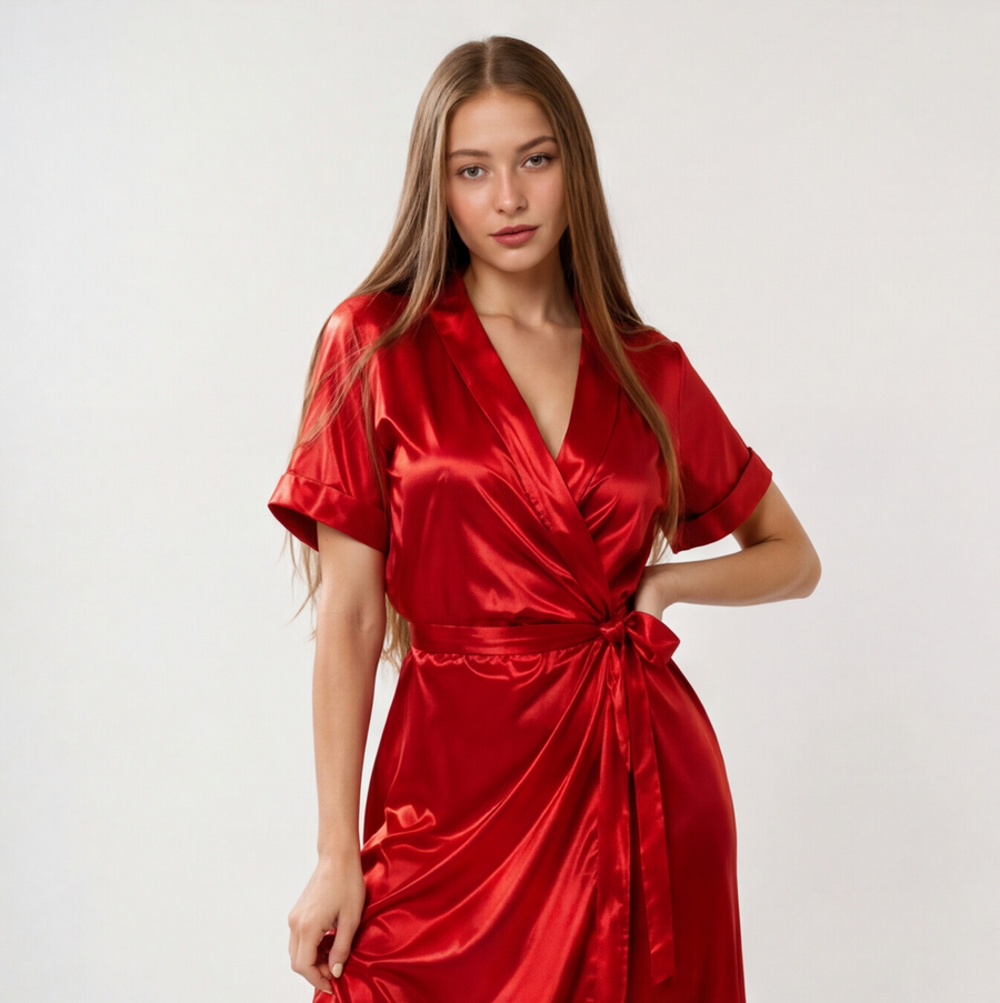 Ruby Red Satin Wrap Maxi Nightdress | Luxury Italian Satin Sleepwear