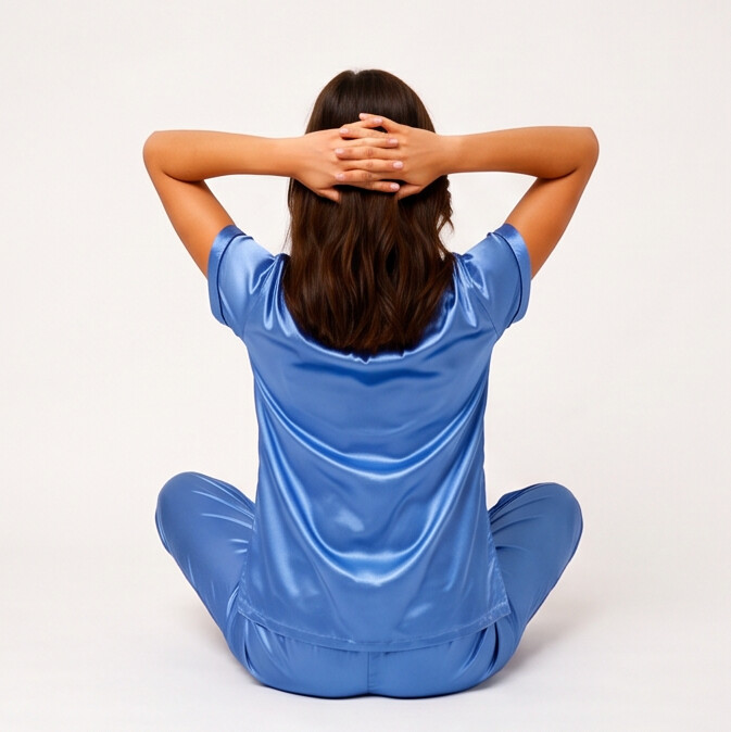 Person wearing a blue satin pajama set sitting with hands behind head on a white background