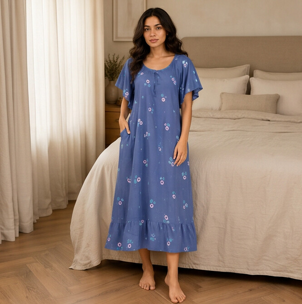 Woman wearing a blue floral nightgown in a bedroom setting