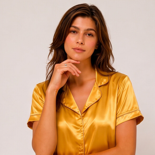 Woman wearing a gold satin shirt against a plain background
