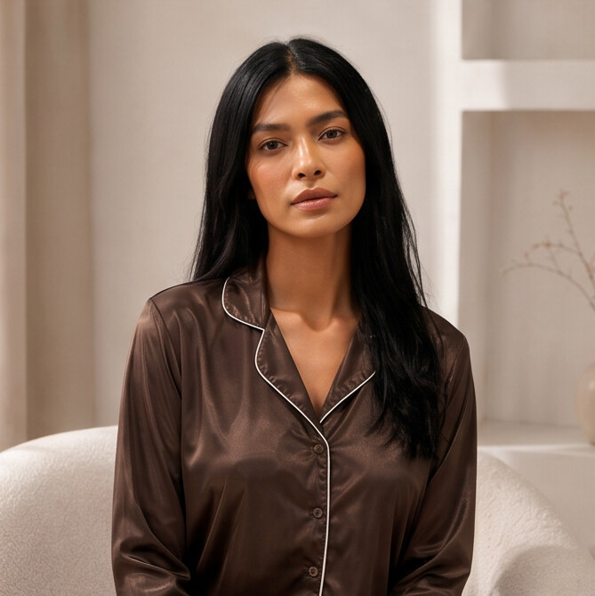 Woman wearing a brown satin pajama top in a softly lit room.