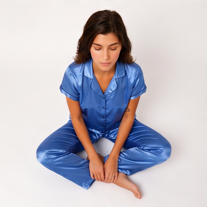 Woman wearing a blue satin pajama set sitting on a white background