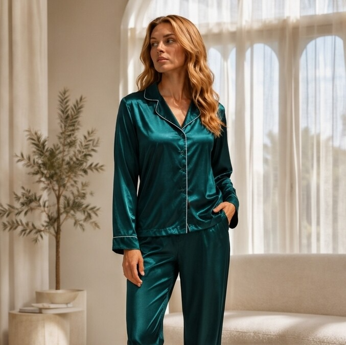Woman wearing teal satin pajamas standing in a bright room with large windows.