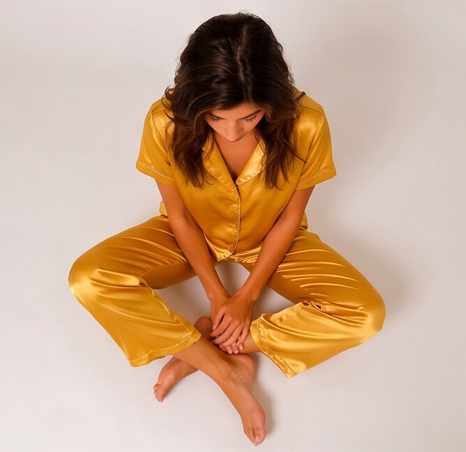 Woman wearing a yellow satin pajama set sitting on a white background