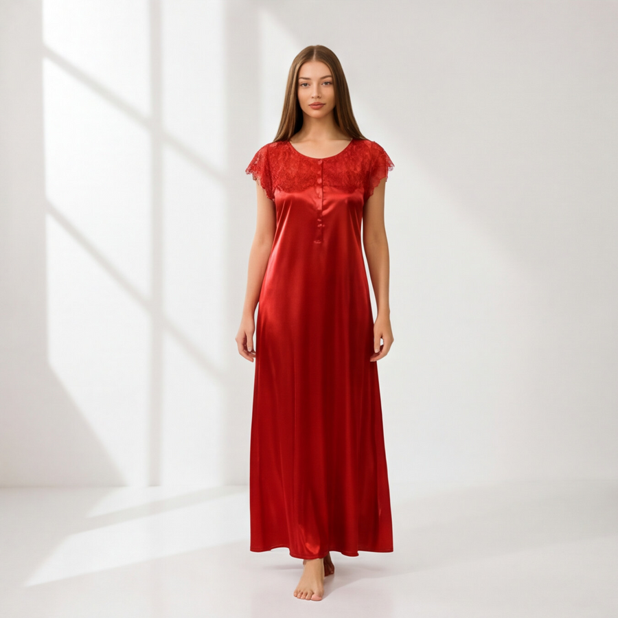 Scarlet Red Satin Lace Maxi Nightdress | Luxury Women's Sleepwear