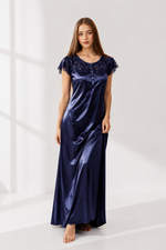 Midnight Blue Satin Lace Maxi Nightdress | Luxury Women's Sleepwear