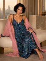Women's Floral Maxi Nighty & Sheer Robe Set – Blue & Blush Pink
