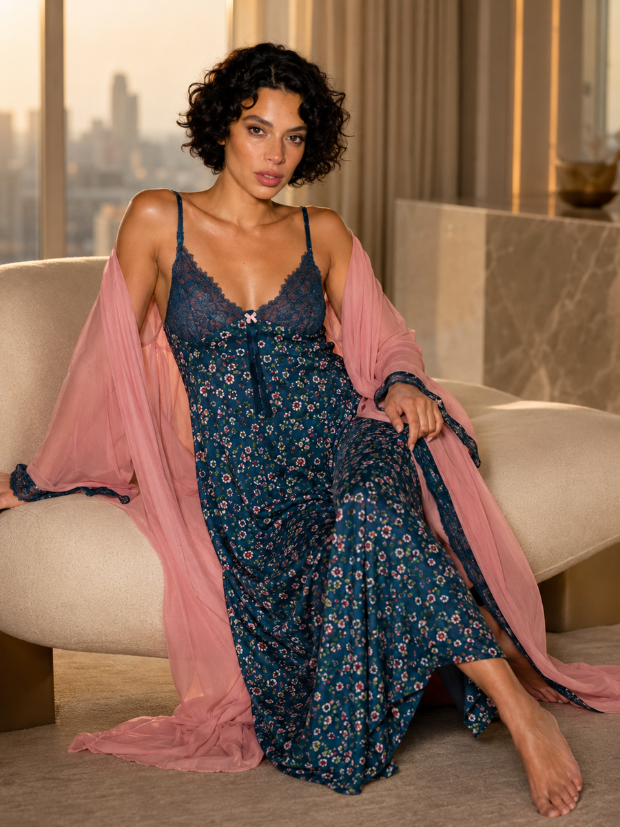 Women's Floral Maxi Nighty & Sheer Robe Set – Blue & Blush Pink