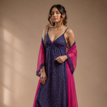 Women's Floral Maxi Nighty with Sheer Robe – Navy Blue & Fuchsia Pink