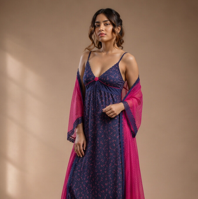 Women's Floral Maxi Nighty with Sheer Robe – Navy Blue & Fuchsia Pink