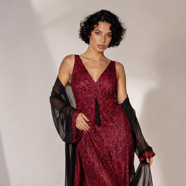 Women's Crimson Print Nightdress & Sheer Robe Set