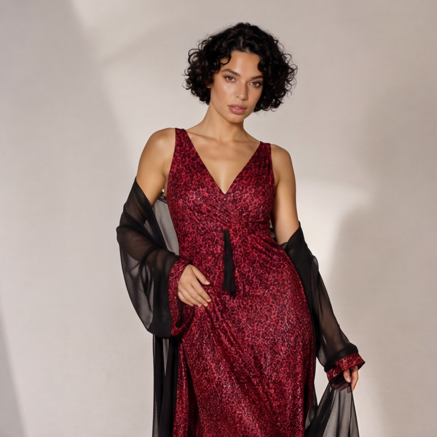 Women's Crimson Print Nightdress & Sheer Robe Set