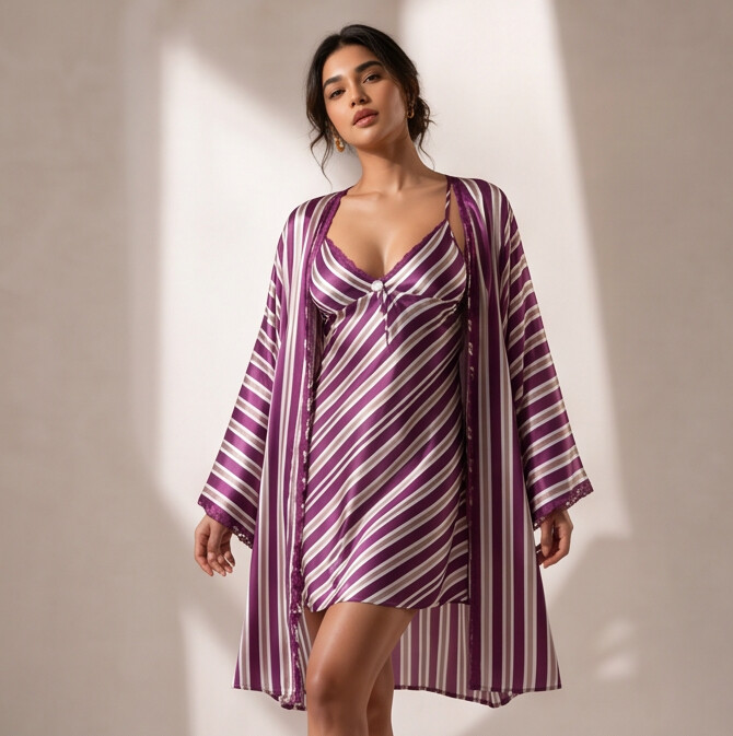 Royal Plum Satin Stripe Nightdress & Robe Set | Luxury Women's Sleepwear