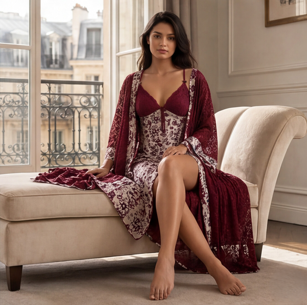 Woman in burgundy lingerie and robe sitting on a beige sofa in a stylish room.