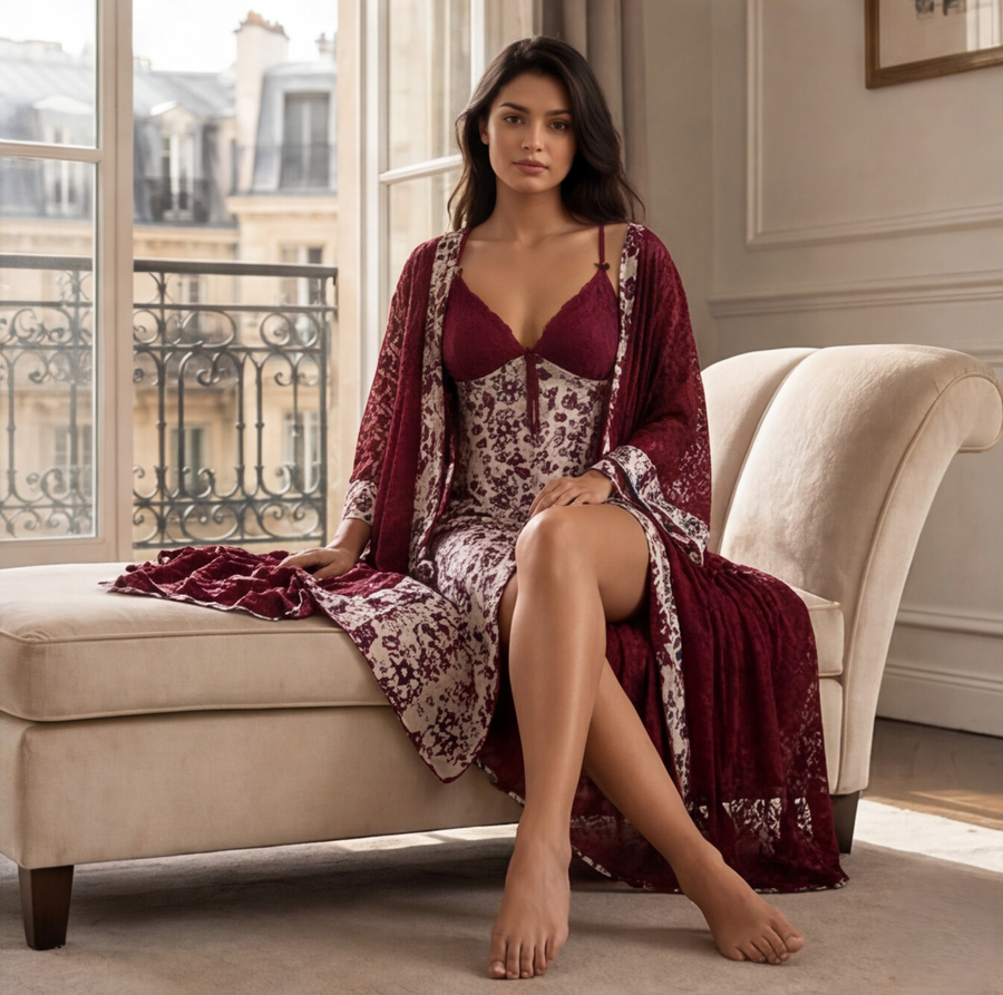 Woman in burgundy lingerie and robe sitting on a beige sofa in a stylish room.