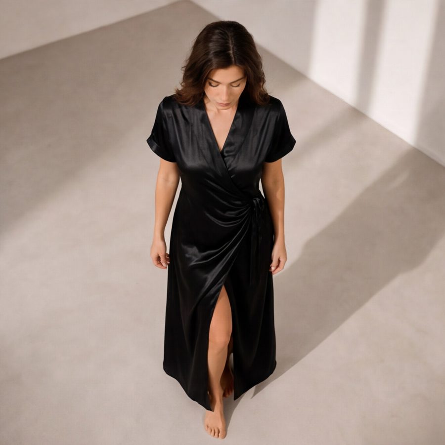 Black Satin Wrap Maxi Dress | Elegant Evening Wear
