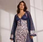 Women's Navy Lace Robe & Floral Maxi Nighty Set
