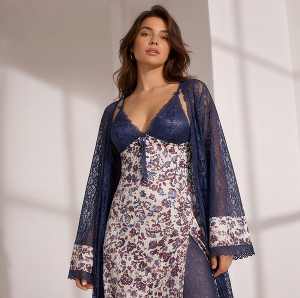 Women's Navy Lace Robe & Floral Maxi Nighty Set