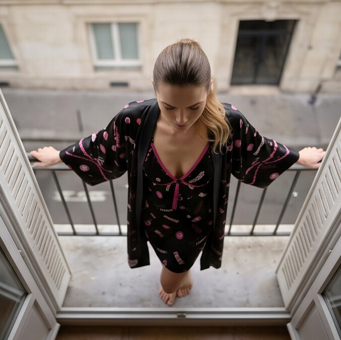 Midnight Charm Printed Satin Nightdress & Robe Set | Luxury Women's Nightwear