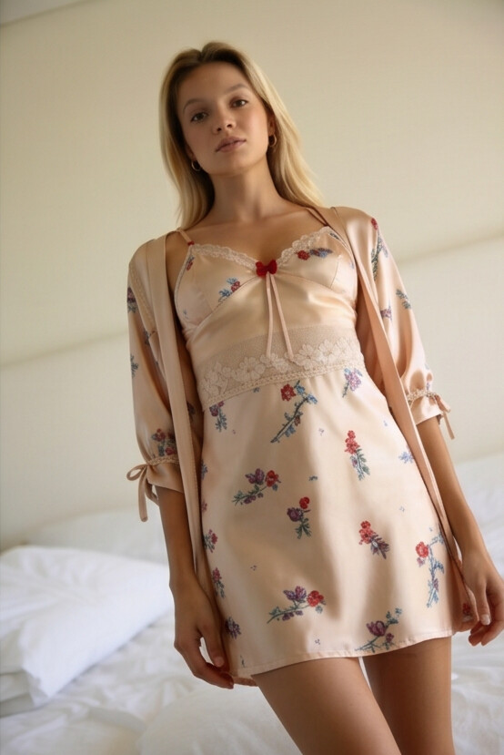 Champagne Blossom Satin Nightdress | Floral Luxury Sleepwear
