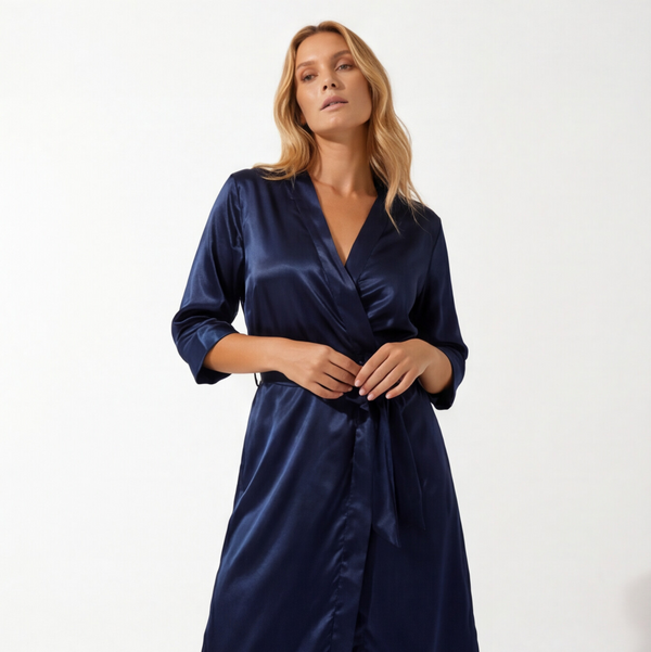 Midnight Navy Satin Wrap Robe | Luxury Women's Loungewear