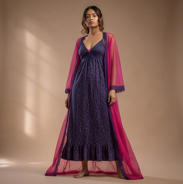 Women's Floral Maxi Nighty with Sheer Robe – Navy Blue & Fuchsia Pink