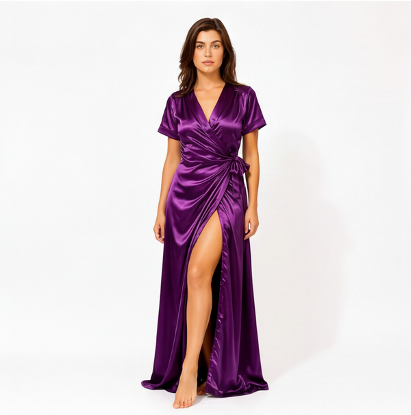 Royal Amethyst Satin Wrap Maxi Nightdress | Luxury Italian Satin Sleepwear
