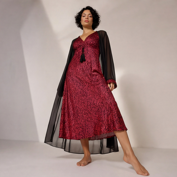 Women's Crimson Print Nightdress & Sheer Robe Set