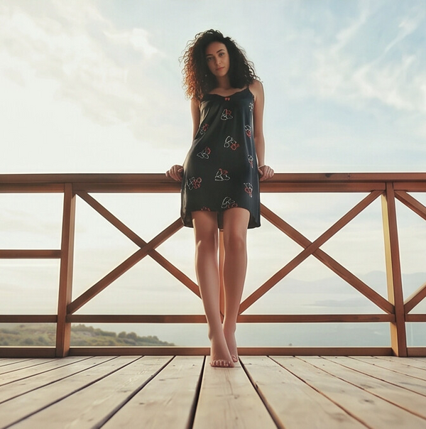 Woman in a black dress standing on a wooden deck with a scenic background