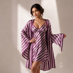 Royal Plum Satin Stripe Nightdress & Robe Set | Luxury Women's Sleepwear