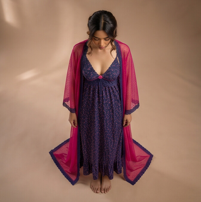 Women's Floral Maxi Nighty with Sheer Robe – Navy Blue & Fuchsia Pink